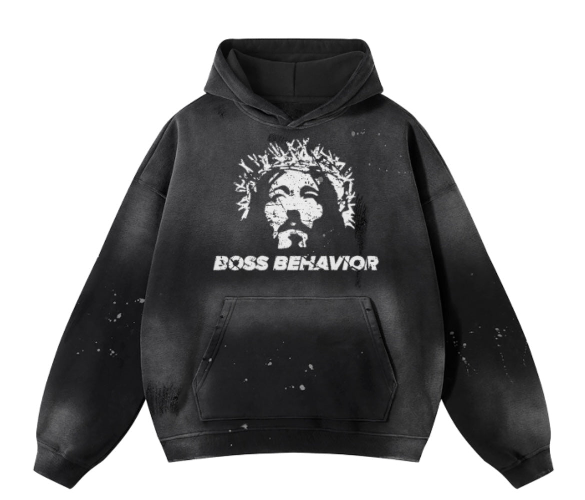 God First Vintage Wash Frayed Fleece Boss Behavior Hoodie - 360 GSM -Black